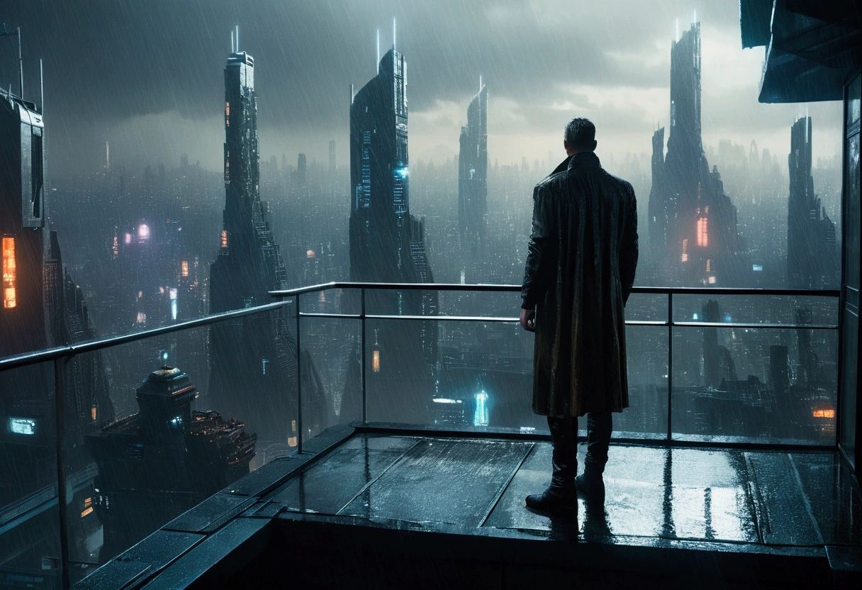 A realistic image of a futuristic city inspired by the movie "Blade Runner", with a man standing on the terrace of a skyscraper overlooking the city. It is raining and the scene has a 16:9 aspect ratio (please include the terrace roof)), seen from three-quarter behind