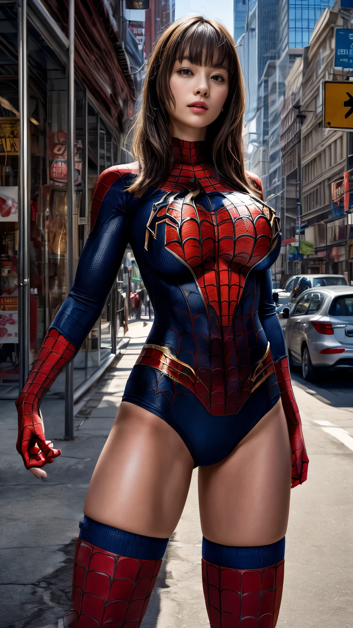 Rear View、Thong、smile、((Cowboy Shot))、Mature Woman、(masterpiece, Highest quality), Complex and detailed, 8k,1 girl,((Blunt bangs))、Black Hair,((Spiderman Suit)),Skyscraper, city, building,street,(Detailed RAW photos of girls),(Highest quality:1.6), (Ultra-high resolution:1.5), (Realistic:1.75), 8k、Very detailed,Cinema Lighting、(((Super big breasts:1.2)))、Spread your legs、((The abdomen is visible))、((Knee-high socks))、Browsing Caution:0.5