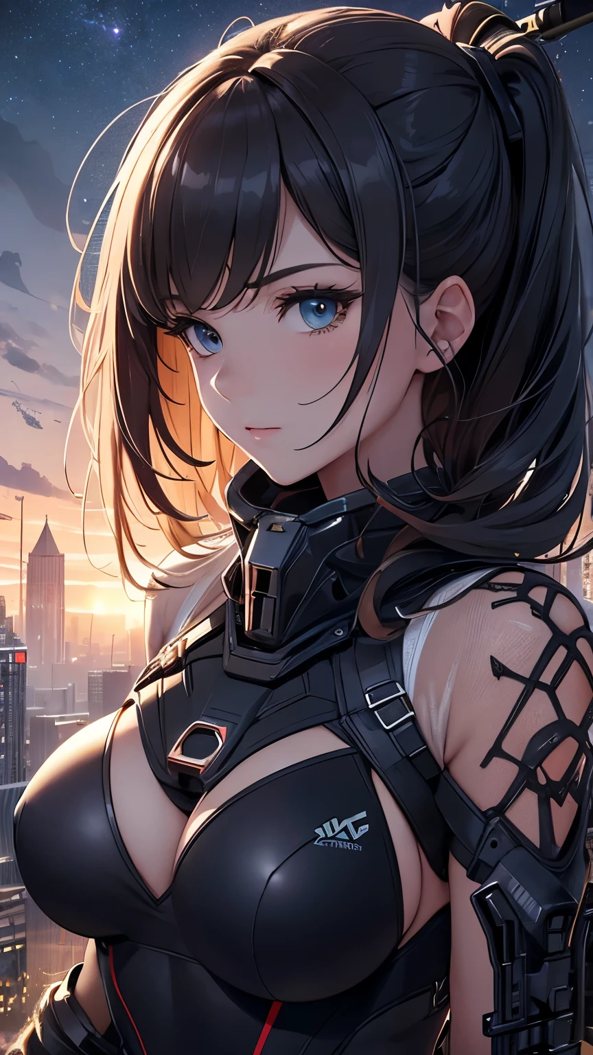 beautiful face, best quality, ultra high resnatural light, shiny skin, detailed skin, detailed face, detailed eyes, beautiful lady, big hair, mole under eye, A scene from a science fiction movie, background(Abandoned futuristic city), a body-hugging navy metal suit, thick belt, Bust Shot
