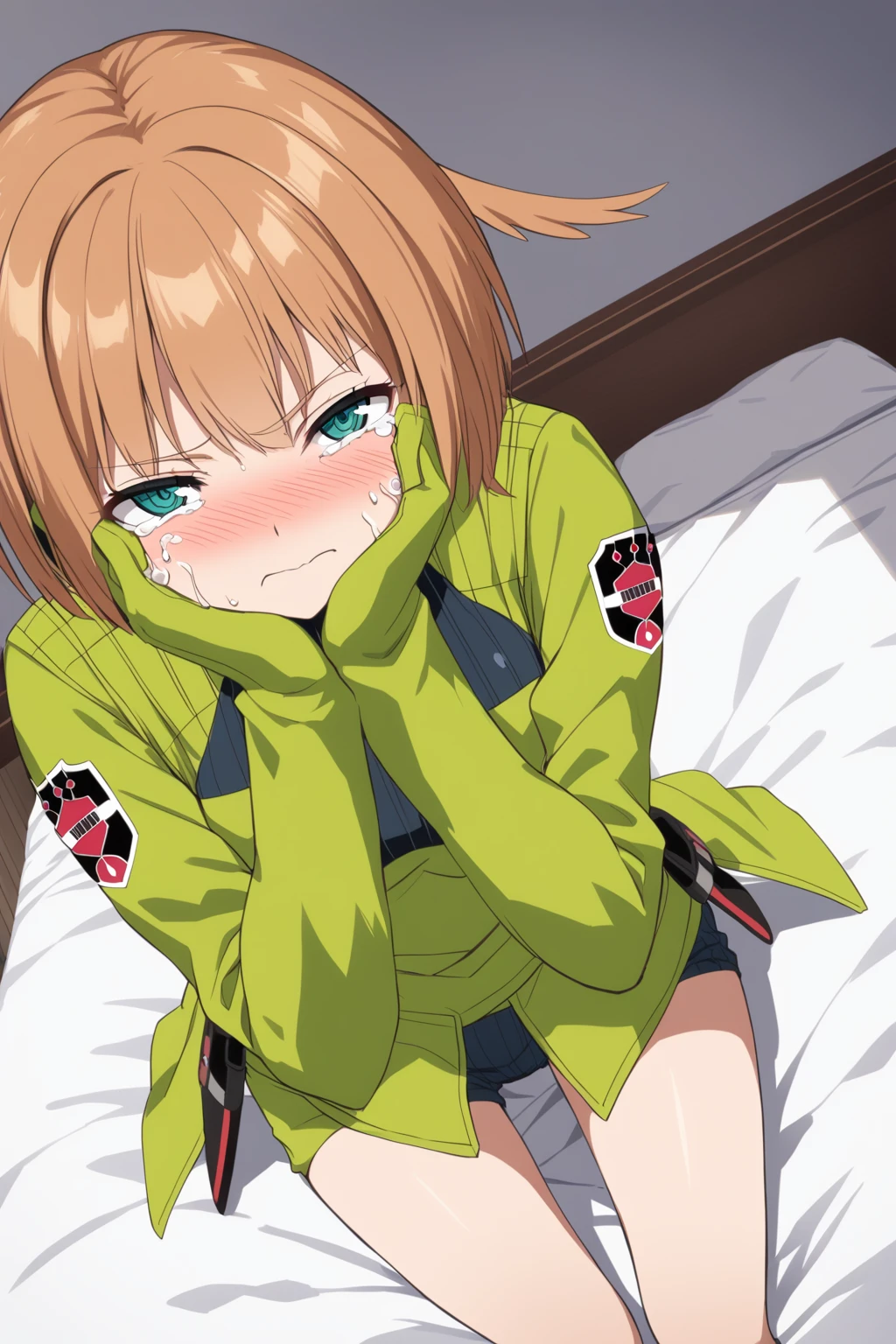 Konami,One girl, View your viewers, Green jacket, gloves,Erotic、Dynamic Angle、pants、blush、first round、bed、Insert、Crying face