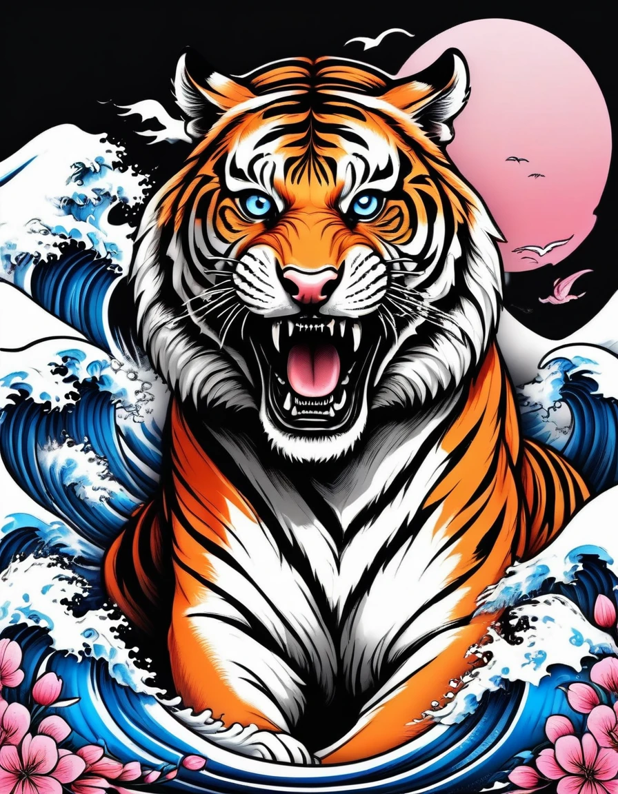 realistic tattoo art of Orange tiger with (((Blue eyes))) with pink sakura petal effect ,he is with open mouth looking very fierce and angry, the background is Japanese wave tattoo, (Unity 16K Wallpaper, masterpiece, Best Quality, high quality, Ultra-detailed, extremely details), a tattoo design, realistic tattoo art of Orange tiger with (((Blue eyes))) with pink sakura petal effect ,he is with open mouth looking very fierce and angry, the background is Japanese wave tattoo,