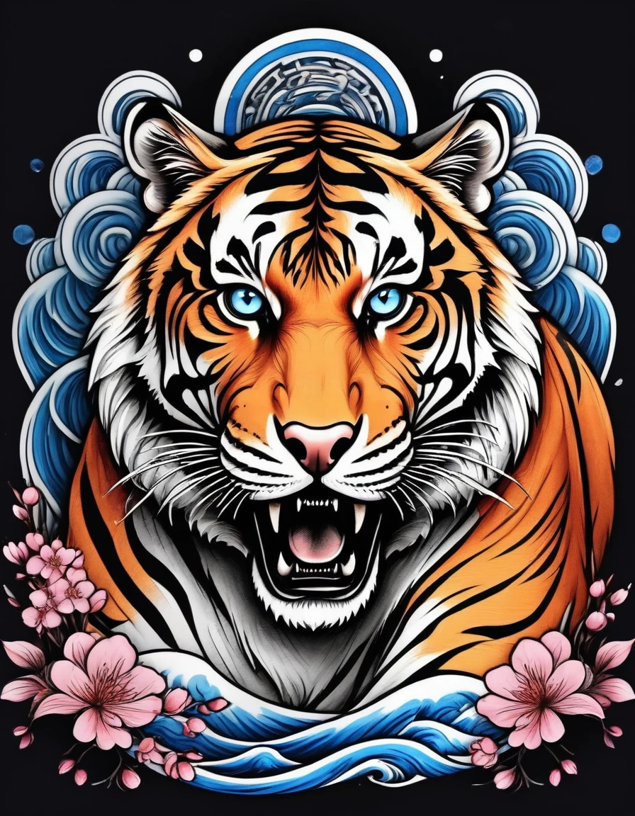 realistic tattoo art of Orange tiger with (((Blue eyes))) with pink sakura petal effect ,he is with open mouth looking very fierce and angry, the background is Japanese wave tattoo, (Unity 16K Wallpaper, masterpiece, Best Quality, high quality, Ultra-detailed, extremely details), a tattoo design, realistic tattoo art of Orange tiger with (((Blue eyes))) with pink sakura petal effect ,he is with open mouth looking very fierce and angry, the background is Japanese wave tattoo,
