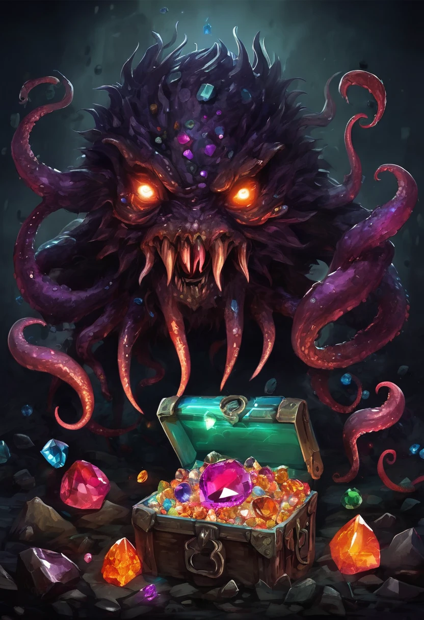 dark, Creepy, Monster with a chest full of strange gems - Cyclops, Sharp Fangs, ugly, Long tentacles, Scattered Gems, Well deep