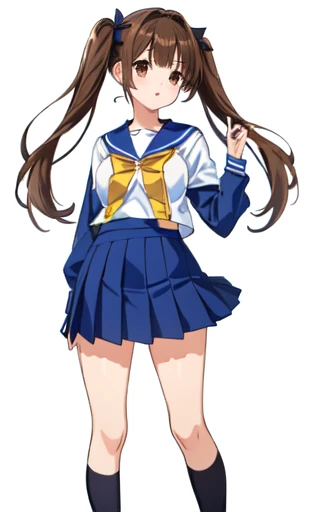 A photo showing her from her thighs to her head、Standing facing forward、One Junior High School Girl、uniform、Sailor suit、Pleated skirt、Brown Hair、Brown eyes、Twin tail hair、Young face、low length、Slender figure、Small breasts、White background