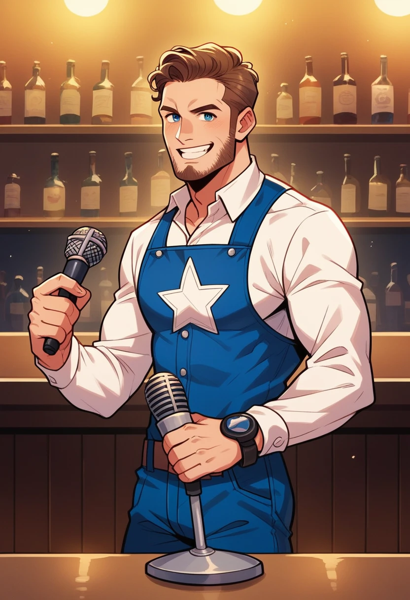 A captivating cinematic photo of Captain America with beautiful, wavy hair and a stylish beard. He stands confidently behind a bar, holding a microphone and singing into it with a smile. The bar is dimly lit, with vintage-style decorations and a few patrons in the background. The overall atmosphere is nostalgic and charming, showcasing a different side of the iconic superhero., photo, cinematic