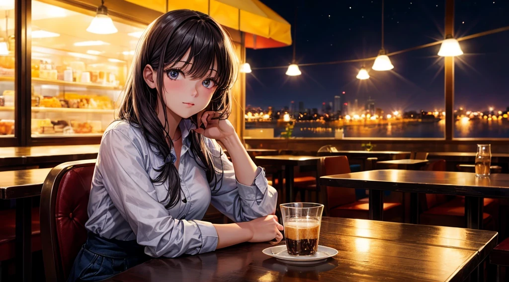 (Original photo, Highest quality), 1 girl, Lisa, night,Cafe, relax, Satosh Khan'Art Style