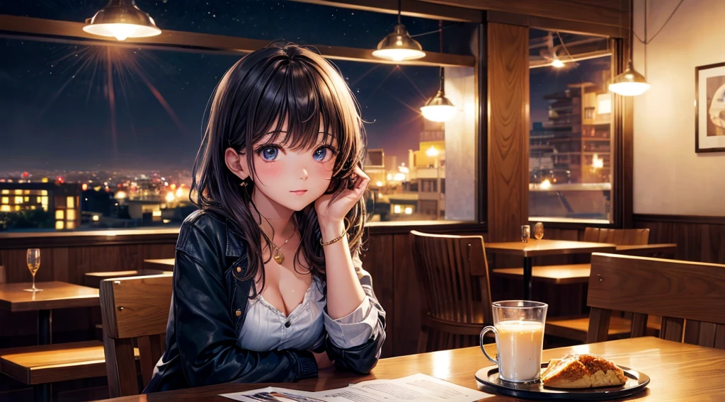 (Original photo, Highest quality), 1 girl, Lisa, night,Cafe, relax, Satosh Khan'Art Style