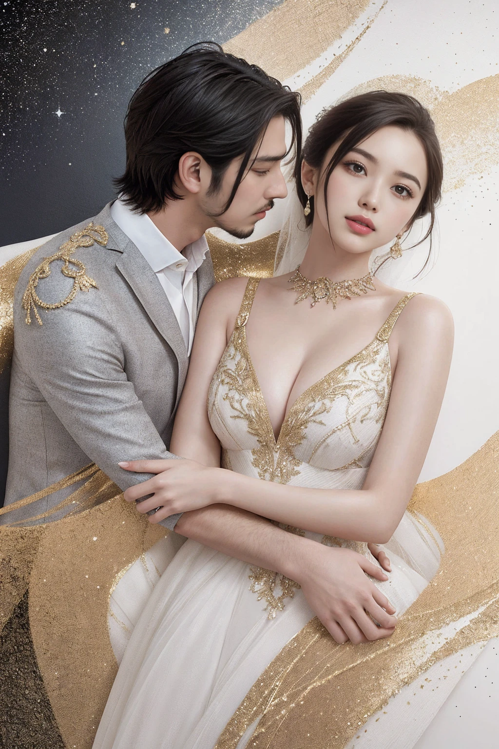 A captivating and vibrant abstract illustration by Supersy, featuring a couple in love. The close-up, stylized silhouettes are rendered in a minimalistic style, with watercolor and ink splatters creating a shimmering effect. The artwork is filled with gold and white specks, adding a touch of elegance and sophistication. The couple's passionate and soulful embrace is accentuated by the shimmering background, which contrasts against the stark white canvas. The overall aesthetic is both unapologetic and romantic, making it a perfect poster for those who appreciate cinematic art.
