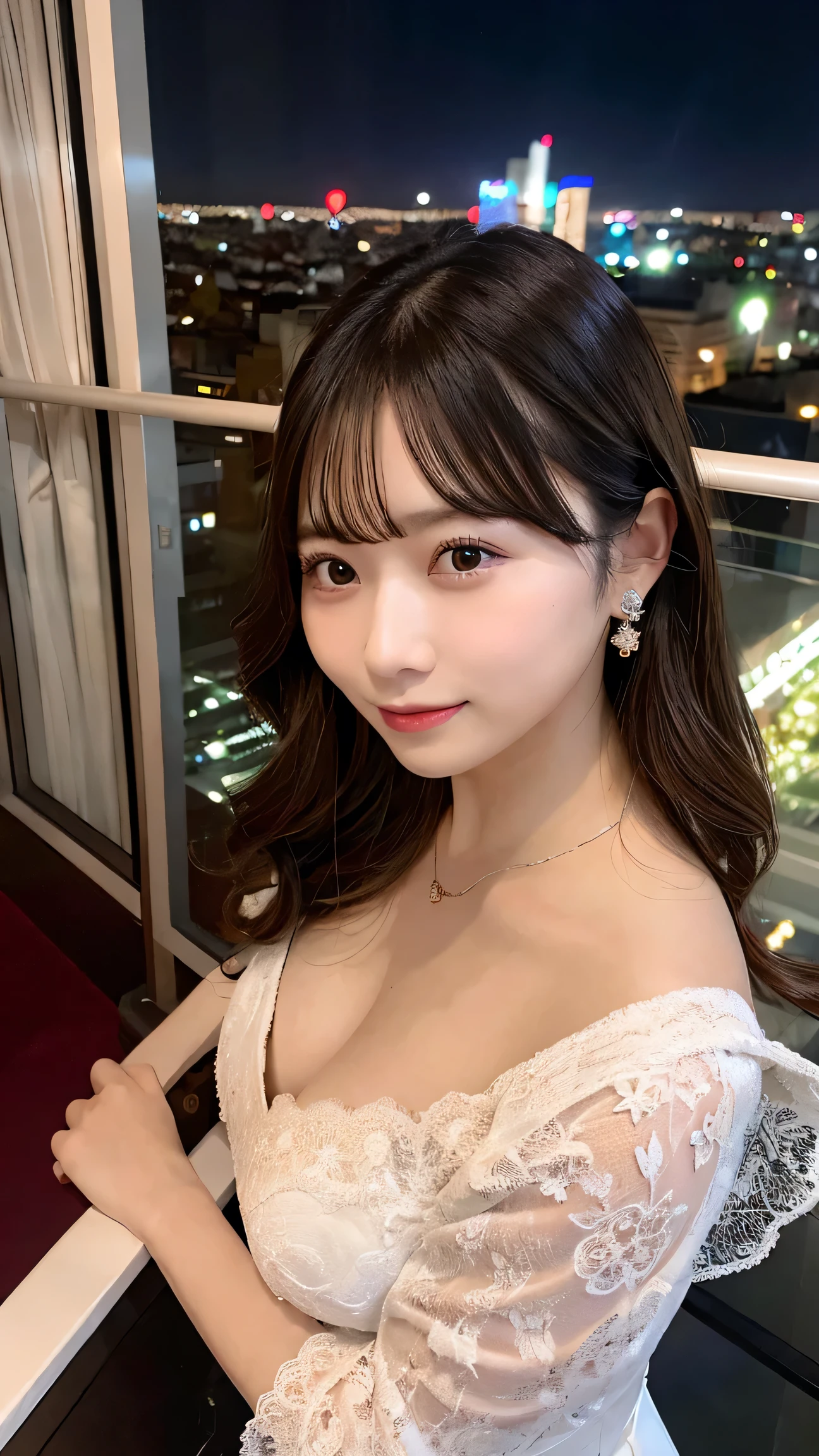 A stunning woman with elegant features, dressed in a sophisticated evening gown, standing on a balcony overlooking a city skyline at night. The lights of the city create a sparkling backdrop.