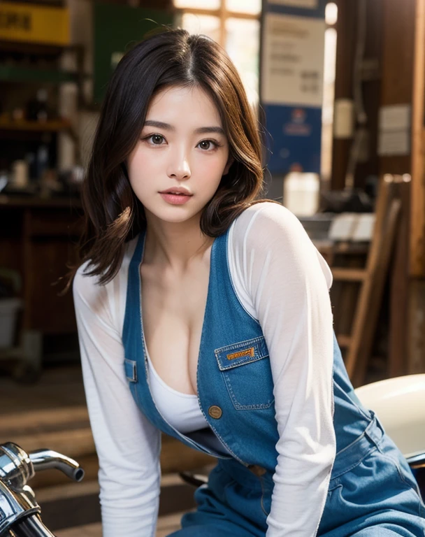 You are a professional photographer。masterpiece、８K、Highest quality, Soft Light, Ultra-high resolution, (Realistic:1.4), RAW Photos,24 years old Japanese girl, alone, cute, (pupil, Light in your eyes),  Beautiful face in every detail, (Small box),(High resolution detail of human skin texture),Cleavage
、American motorcycle repair shop、Harley mechanic、Work Style、Wearing a jumpsuit、Wear long-sleeved work clothes、Roll up your sleeves、Maintain your bike、Accurate background
、(Portraiture)