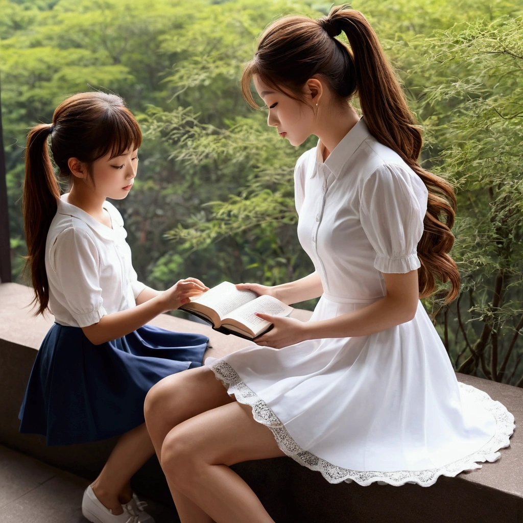 Brown Hair、With a girl、I read a book、 people、White Dress、Long eyelashes、silhouette、Full Body Lesbian、ponytail、mini skirt