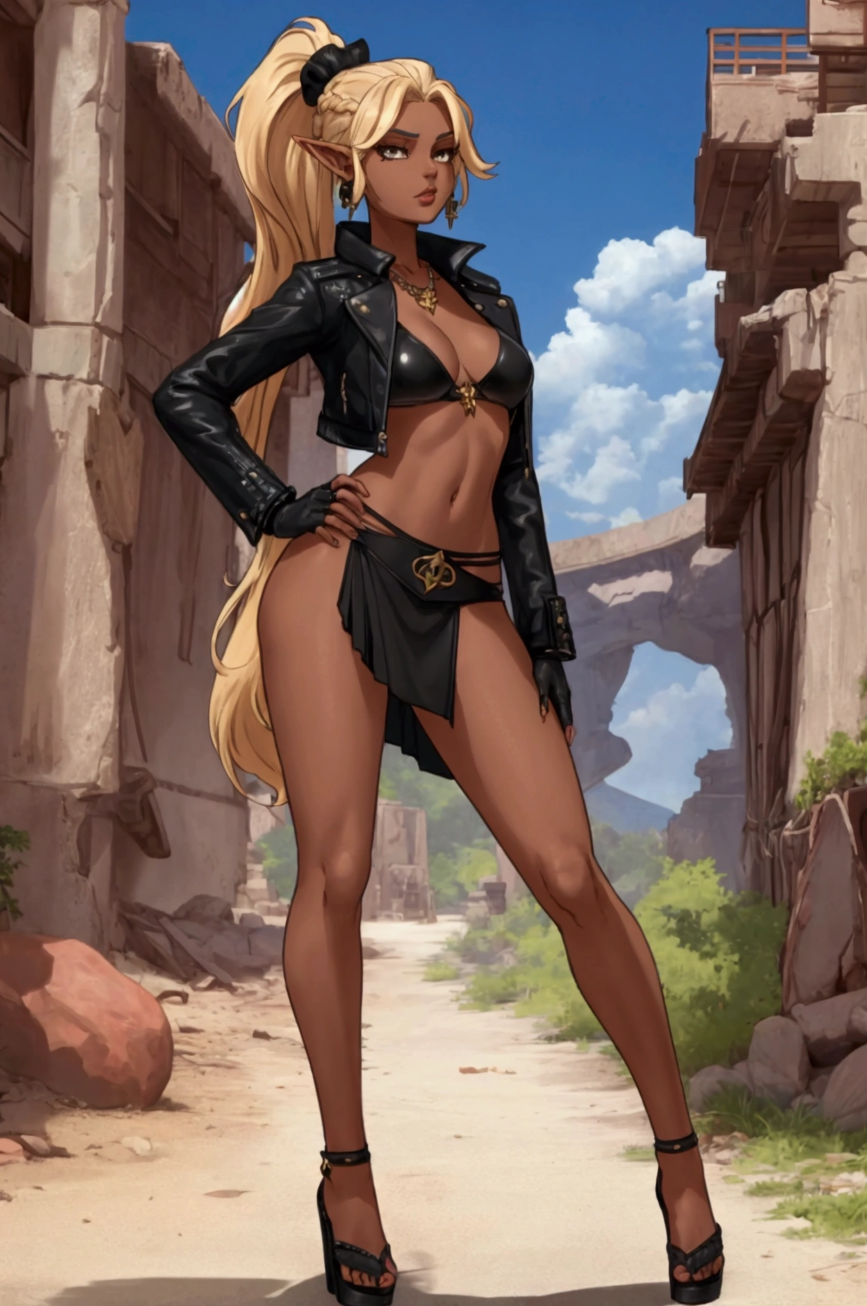 8K, Top Quality, Intricate Details, Ultra Detail, Ultra High Resolution, Masterpiece, full body, Very tall, dark skinned female elf; slender, blonde hairs and incredible long ponytail; strong makeup; brown eyes; small pointy breast; sensual midriff; wearing superhighplatform sandals, desert abandoned city, jewelery, necklace, earrings, black bikini top, short leather jacket, thongs with a lot of strings, leather skirt, long fingernails; gloves, rings, best quality, expressive eyes, perfect face, masterpiece, slim body, very long legs, detailed stomach, detailed hips, detailed legs, carefully drawn toes, carefully drawn feet, carefully drawn hands, best quality, drawn with careful, Dynamic Angle, Highly detailed, seductive eyes, NTR