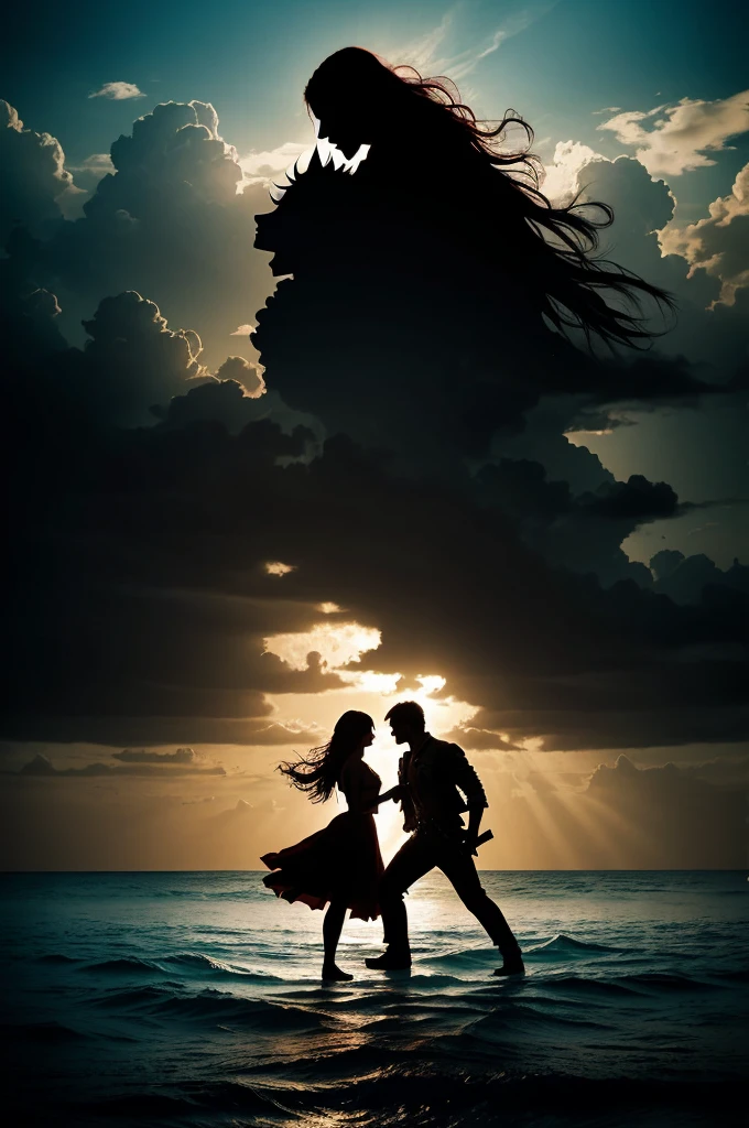 A romance-themed double exposure illustration portraying a pirate couple's silhouette. This is artistically blended with an epic tropical seascape that includes a pirate boat. The square composition exudes a gritty and raw aesthetic, highlighted by dramatic red and blue lighting. This lighting enhances the overall terror of the scene, combining classic grunge style with a touch of dark fantasy. The style is inspired by classic manhwa and grindhouse visuals, focusing on the interplay of light and shadow. The use of chiaroscuro creates high detail and sharp focus, amping up the romance and the mystery.