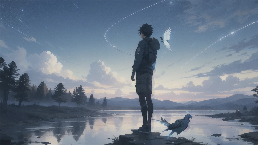 真っ暗なnight空,Octane, star (null), scenery, Blue parakeet,The acoustic guitar is in front of the body.,star, night, A girl and a boy standing back to back, Back view, alone, Outdoor, city,river,Blue parakeet,building, cloud, 天のriver,silhouette