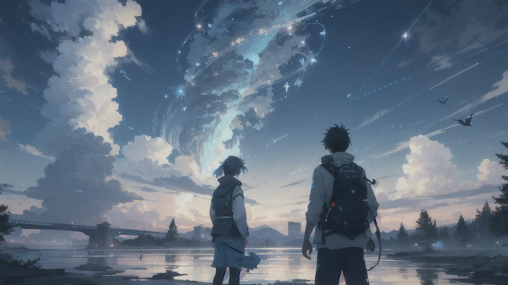 真っ暗なnight空,Octane, star (null), scenery, Blue parakeet,The acoustic guitar is in front of the body.,star, night, A girl and a boy standing back to back, Back view, alone, Outdoor, city,river,Blue parakeet,building, cloud, 天のriver,silhouette