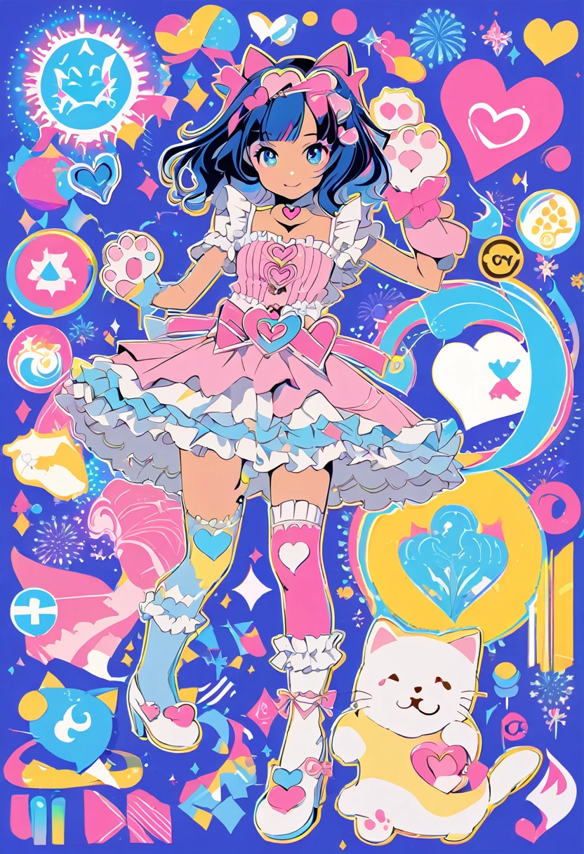 (masterpiece, best quality:1.1),popart style,flat color,(1girl,japanese,teen,cat-ear headband,((Paw shaped Gloves)),detailed paw gloves,claw pose,BREAK (darkblue hair,wavy-short hair),parallel eyebrows,eyes with large irises, fresh lips, very happy, BREAK (walking on rainbow over the night sky),
rainbow fireworks collage art,
various fireworks symbols,
(blue outline),
cmyk palette, fantasy art,
BREAK (wearing pink babydoll fashion,heart belt choker blouse,ruffle skirt,millefeuille lace high-socks,pumps),