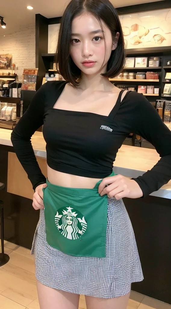 ((beste-Qualit、8k、masterpiece:1.3))、sharp focus:1.2、A beautiful woman with perfect body:1.4、((Layered Haircut、small tits:1.2))、(Starbucks dark green apron)、(Inside the Starbucks store:1.2)、Black polo shirt under apron、Wet Body:1.1、Highly detailed facial and skin texture、 Detailed eye、Double eyelids、sunburnt skin、A sexy、suntanned, nude, naked