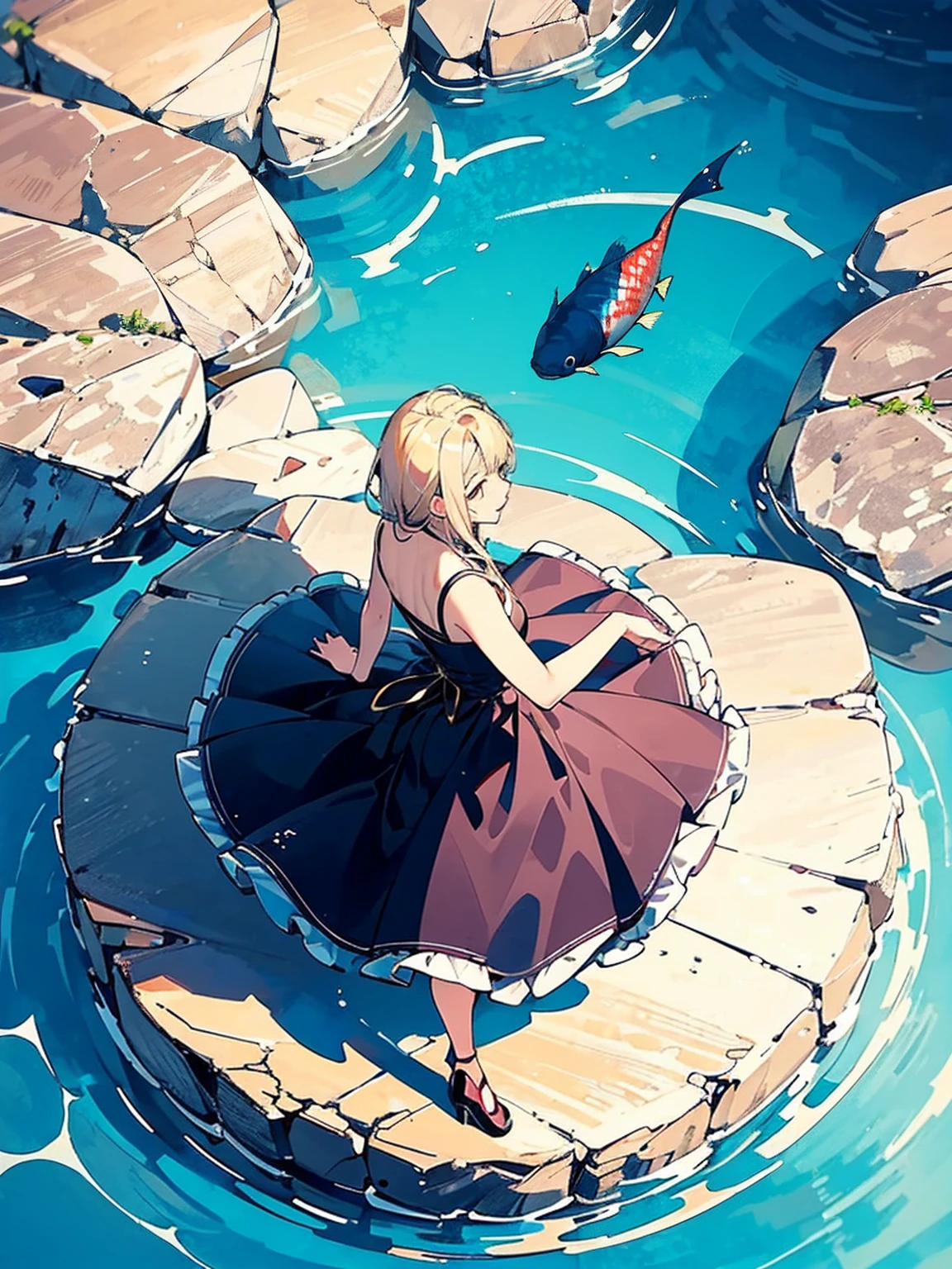 Standing on still water, ((from above:1.5)), From above, Overlooking、Woman dancing in a dress、Bottom Fish, Lots of aquatic life, Pool, Fish shadow