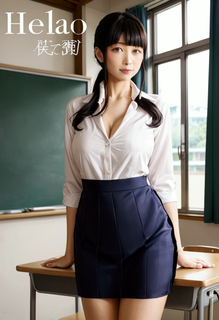 ( Magazine cover:1.2), woman in a skirt leaning on a blackboard in the classroom, as a strict school teacher ), Ayaka, Wearing the principal, Japanese, in the classroom, Japanese model, teacher, wearing Japanese , Tachibana Daimyo, Charming pose, Er Fei Mian, Hello, Yoshitomo Nara, Surrealism ，pubic hair

