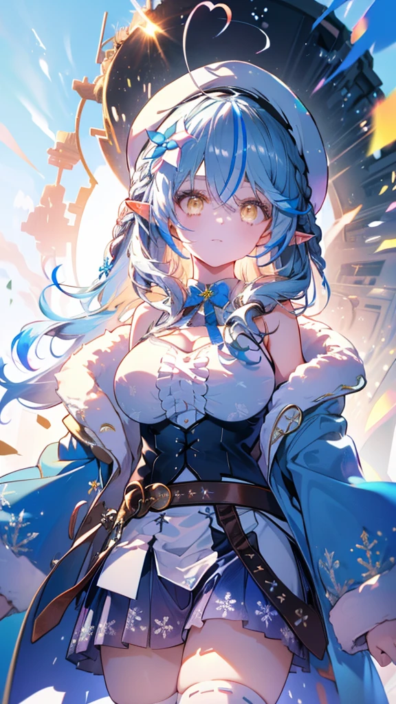 (Ultra-high resolution,masterpiece, Attention to detail, Highest quality), 8k,(aalamy, long hair, streaked hair, ahoge, braid, beret, white headwear, hair flower, blue bowtie, cleavage, clothing cutout, white shirt, off shoulder, sleeveless, black corset, blue coat, snowflake print, fur-trimmed coat, open clothes, white thighhighs, brown belt, blue skirt),(Blessed,Captivating body、Ultra-detailed skin、Super beautiful eyes、Detailed Background),One girl、 (enjoy :1.5),
