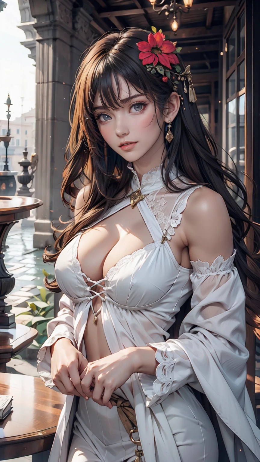 24 year old Caucasian female、Greek costume、Lace-up sandals、Sexy、Sexy proportions、Hair ornament with flower decoration、Rome city background