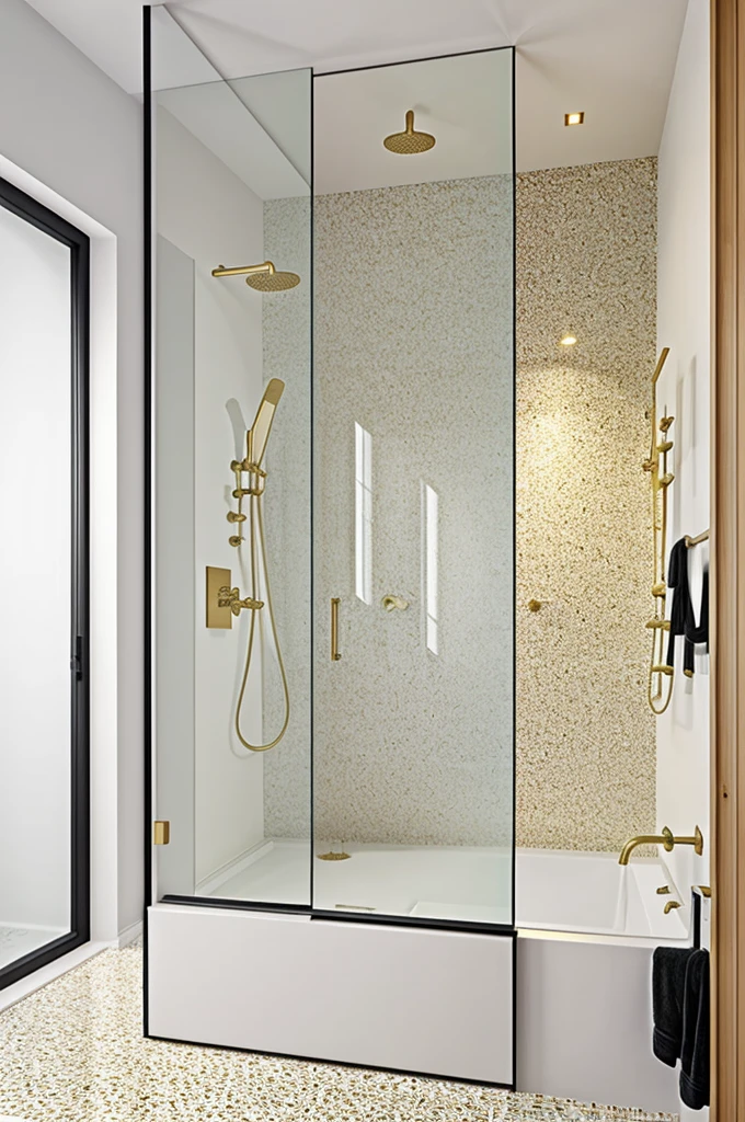 White walled bathroom, white and black terrazzo floor, tempered glass sliding bathroom partition, golden bathroom accessories and wooden bathroom furniture