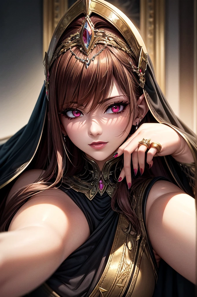 In the dark castle throne room on the huge royal throne in seductive pose siting beatiful demon queen, She have beautiful face with pink eyes rakr eye shadows and dark lipstick sexy make up, golden ring shape earrings on her ponty ears. she have long gorgeous bloody red hair.. dressed in majestic sexy black royal robe with golden metal parts, also she have tattoo all over her body her hands have lonf beautiful nails, (ultra high quality fantasy art, ghothic dark fantasy style, masterpiece, ultra high quality character design, 8k quality anime art, realistic anime art, top quality wallpaper illustration, detailed ultra high quality accurate face, high quality design and accurate physic)