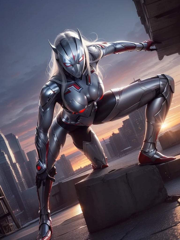 （masterpiece、8k、Ultra-delicate、hight resolution），(((Female Ultraman))),medium breasts，(((No muscleedium Boob)))，(His head is tapering,The body is made of red and silver，The arms present a streamlined design，On the chest there is a round calculator，Looks tall and thin，The overall shape is streamlined、modern)，(standing athletic pose)，posed for photo，high-angle，nigth，city ruins，backgroung details，（（（full body Esbian））），solo，(((Huge feeling))),NSFW,cameltoe,Dynamic Pose,from below,groin focus,the morning sun,(Erect clitoris:1.3),(Squatting:1.2),spread legs,(Open pussy:1.1),((wet pussy:1.1)),(long silver hair:1.1),red blush,smile、Attaching a cloak,(cum on face:1.2)