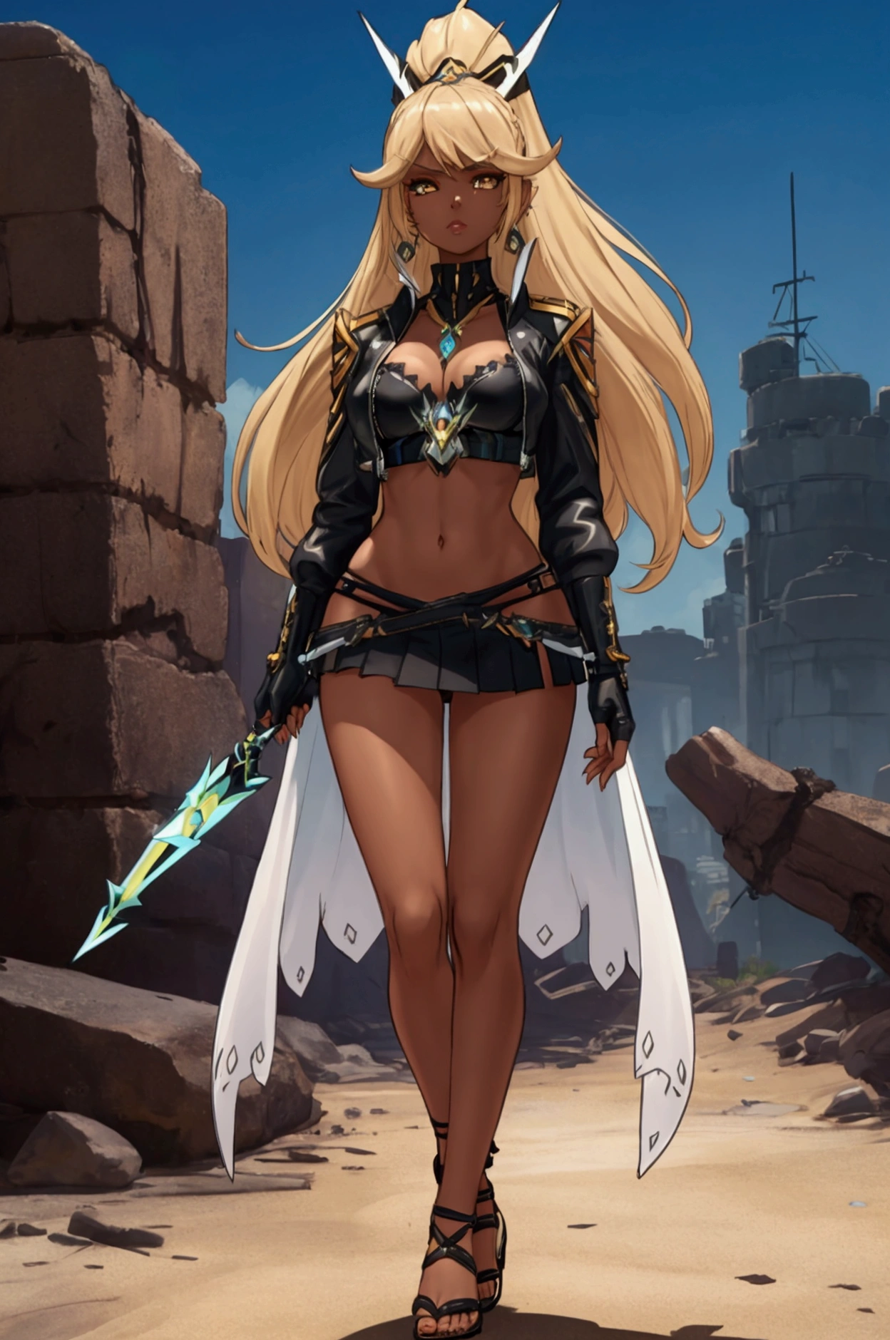 8K, Top Quality, Intricate Details, Ultra Detail, Ultra High Resolution, Masterpiece, full body, Very tall, dark skinned Mythra from Xenoblade 2; slender, blonde hairs and incredible long ponytail; strong makeup; brown eyes; small pointy breast; sensual midriff; wearing superhighplatform sandals, desert abandoned city, jewelery, necklace, earrings, black bikini top, short leather jacket, thongs with a lot of strings, leather skirt, long fingernails; gloves, rings, best quality, expressive eyes, perfect face, masterpiece, slim body, very long legs, detailed stomach, detailed hips, detailed legs, carefully drawn toes, carefully drawn feet, carefully drawn hands, best quality, drawn with careful, Dynamic Angle, Highly detailed, seductive eyes, NTR