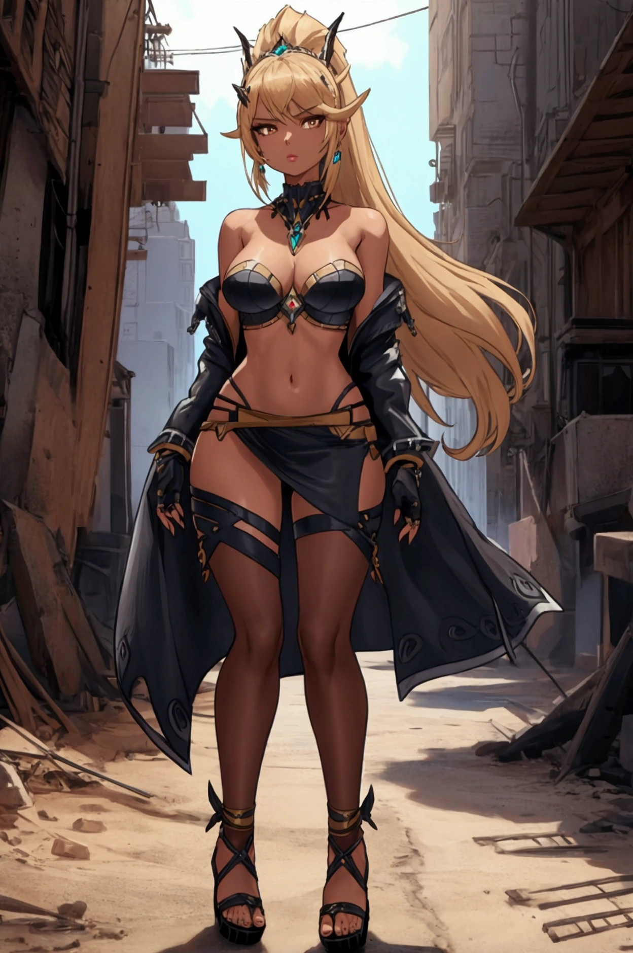8K, Top Quality, Intricate Details, Ultra Detail, Ultra High Resolution, Masterpiece, full body, Very tall, dark skinned Mythra from Xenoblade 2; slender, blonde hairs and incredible long ponytail; strong makeup; brown eyes; small pointy breast; sensual midriff; wearing superhighplatform sandals, desert abandoned city, jewelery, necklace, earrings, black bikini top, short leather jacket, thongs with a lot of strings, leather skirt, long fingernails; gloves, rings, best quality, expressive eyes, perfect face, masterpiece, slim body, very long legs, detailed stomach, detailed hips, detailed legs, carefully drawn toes, carefully drawn feet, carefully drawn hands, best quality, drawn with careful, Dynamic Angle, Highly detailed, seductive eyes, NTR