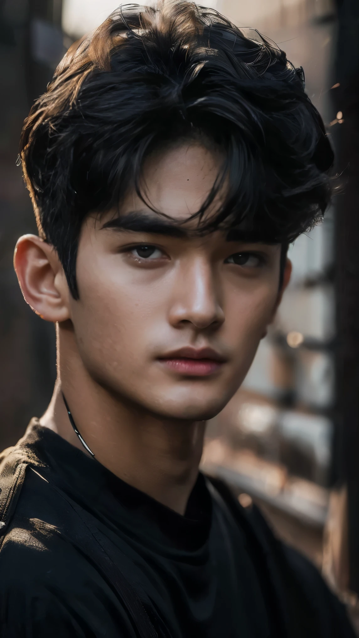 Create a hyper-realistic close-up portrait of a handsome young boy korean, wear black tshirt. He hair is a black uppercut hair, giving a magical and ethereal look. The lighting is soft and flattering, highlighting the delicate features of his face. His expression is gentle and smiling, with a subtle hint of mystery. The background is blurred to keep the focus entirely on his captivating face, enhancing the dreamy and otherworldly atmosphere. UHD, 4K. Masterpice