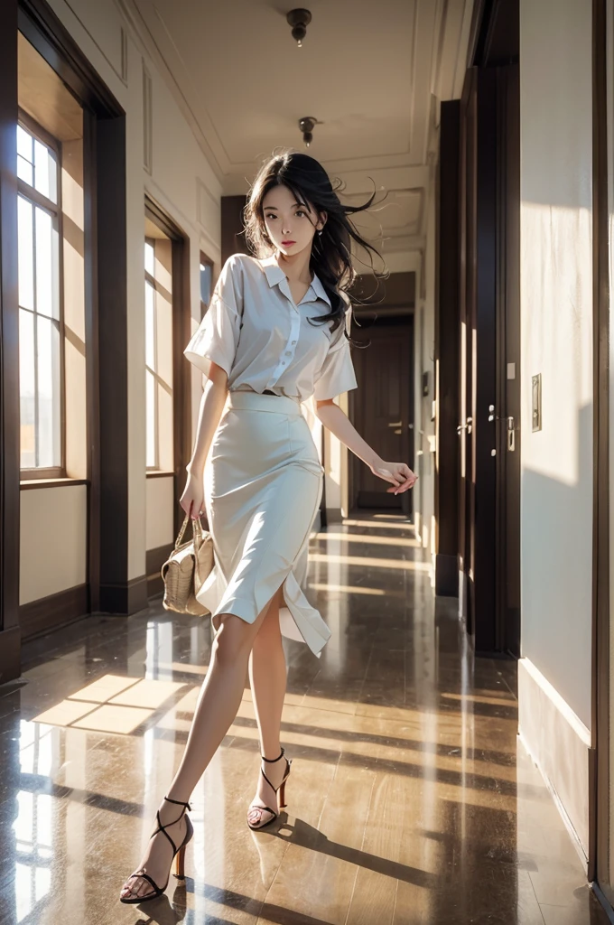 1girl,solo,serious,v-shaped eyebrows,sweat,sweatdrop,clenched teeth,
black hair,long hair,
BREAK
school,debris,fleeing,collapse,indoors,running,(hallway,school hallway),white shirt,pencil skirt,stiletto heels,, ultra wide angle shot,cinematic style,8k,RAW photo,photo-realistic,masterpiece,best quality,highres,extremely detailed,intricate details,absurdres resolution,High quality texture,detailed texture,colorful,professional lighting,radiosity,photon mapping,physically-based rendering,High quality shadow,Ray tracing,perfect body,perfect face,hdr,slim long legs,perfect hands,perfect feet