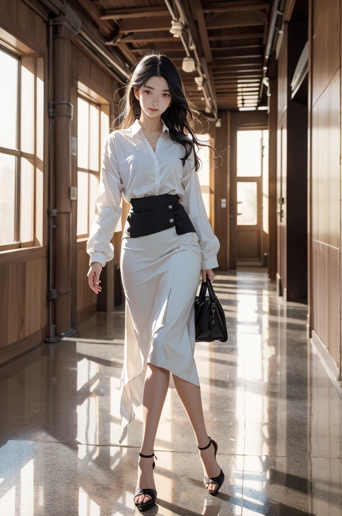 1girl,solo,serious,v-shaped eyebrows,sweat,sweatdrop,clenched teeth,
black hair,long hair,
BREAK
school,debris,fleeing,collapse,indoors,running,(hallway,school hallway),white shirt,pencil skirt,stiletto heels,, ultra wide angle shot,cinematic style,8k,RAW photo,photo-realistic,masterpiece,best quality,highres,extremely detailed,intricate details,absurdres resolution,High quality texture,detailed texture,colorful,professional lighting,radiosity,photon mapping,physically-based rendering,High quality shadow,Ray tracing,perfect body,perfect face,hdr,slim long legs,perfect hands,perfect feet