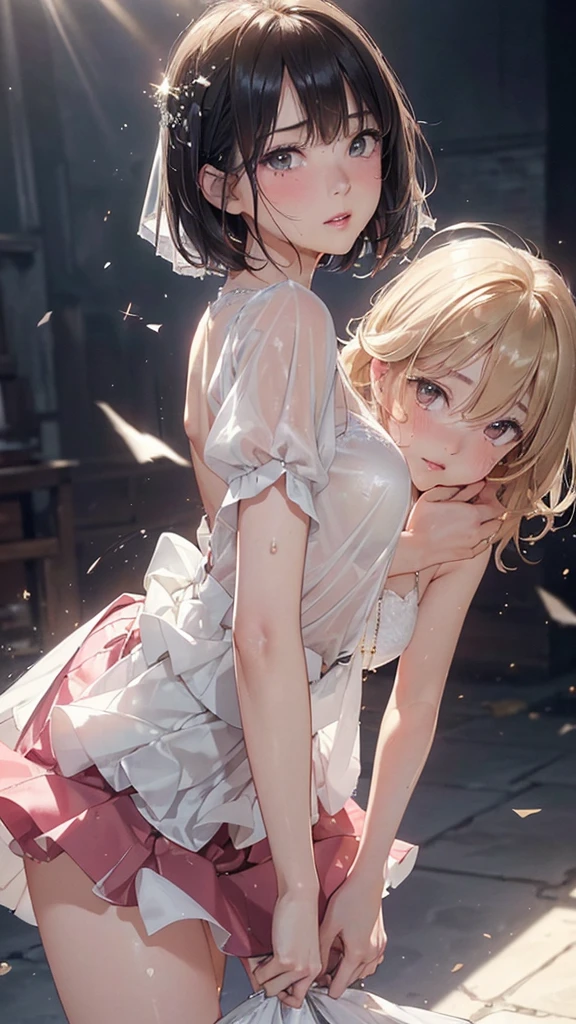 (Flying debris: 1.3), (Maximum resolution: 1.2), (Ultra HD TV: 1.2), Cinema Lights, 8k resolution, Beautiful Eyes and skin, Detailed faceの特徴, , (Clear focus on the chest: 1.2), (The focus is on the face:1.2),Perfect Style, Cute Face, Accurate, Anatomically correct, Highly Detailed face and skin texture, Beautiful Eyes, double eyelid, Thin eyebrows, Glitter Eyeliner: One natural cheek, Glowing Skin, Fair skin, Glowing Skin: 1.2, (Glossy Lips: 1.4),、 (Embarrassed look: 1.2),20-year-old female, (Detailed face:1.2), (Highest quality:1.2), Retrospective photos of the rear roam、Angle from below, Low Angle, From behind, Cinema Lighting, Perfect Style, Beautiful Face, (Skirt Lift:1.4), blush、humiliation、impatience、Glare、tears、Embarrassing、Surprised expression、humiliationの表情、 (Wedding dress:1.1),Sweat、short hair、Retrospective photos of the rear roam、Low Angleから、Soaking wet、,、Exposed pantieasturbation behavior