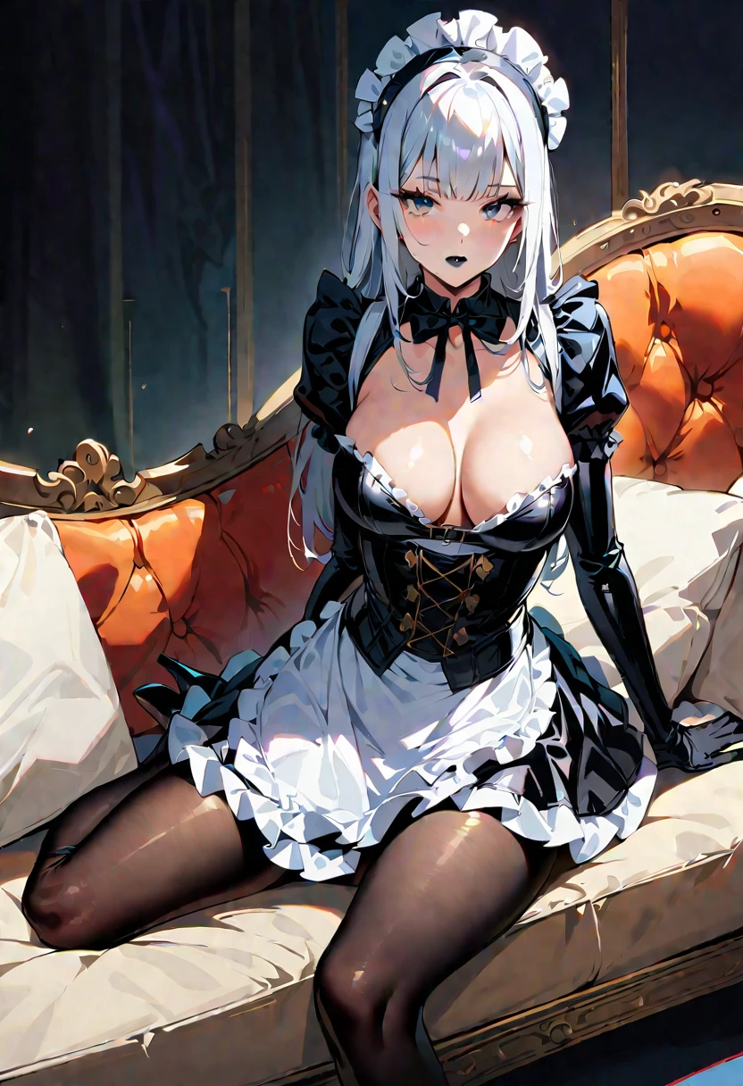 1 young woman,(Highest quality,Extremely detailed depiction,Incredibly absurd high resolution,Anatomically accurate depiction,Perfect body,Two curvaceous legs),(Glowing Skin,Shiny skin,Oilskin),(Black and white latex maid outfit,Maid Skirt,corset,black tights,High heels),eyelash,(Black Eyes,Light,Sleepy look,There is cleavage in the chest,black lipstick,Heavy makeup,eye shadow,mascara,eyeliner,sitting on the sofa with one&#39;s knees up),Sweat,(whole body),(background:Night room),Purple light,From below:1.3