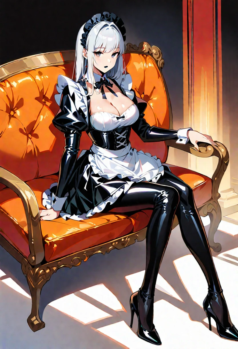 ****ung woman,(Highest quality,Extremely detailed depiction,Incredibly absurd high resolution,Anatomically accurate depiction,Perfect body,Two curvaceous legs),(Glowing Skin,Shiny skin,Oilskin),(Black and white latex maid outfit,Maid Skirt,corset,black tights,High heels),eyelash,(Black Eyes,Light,Sleepy look,There is cleavage in the chest,black lipstick,Heavy makeup,eye shadow,mascara,eyeliner,sitting on the sofa with one&#39;s knees up),Sweat,(whole body),(background:Night room),Purple light,From below:1.3