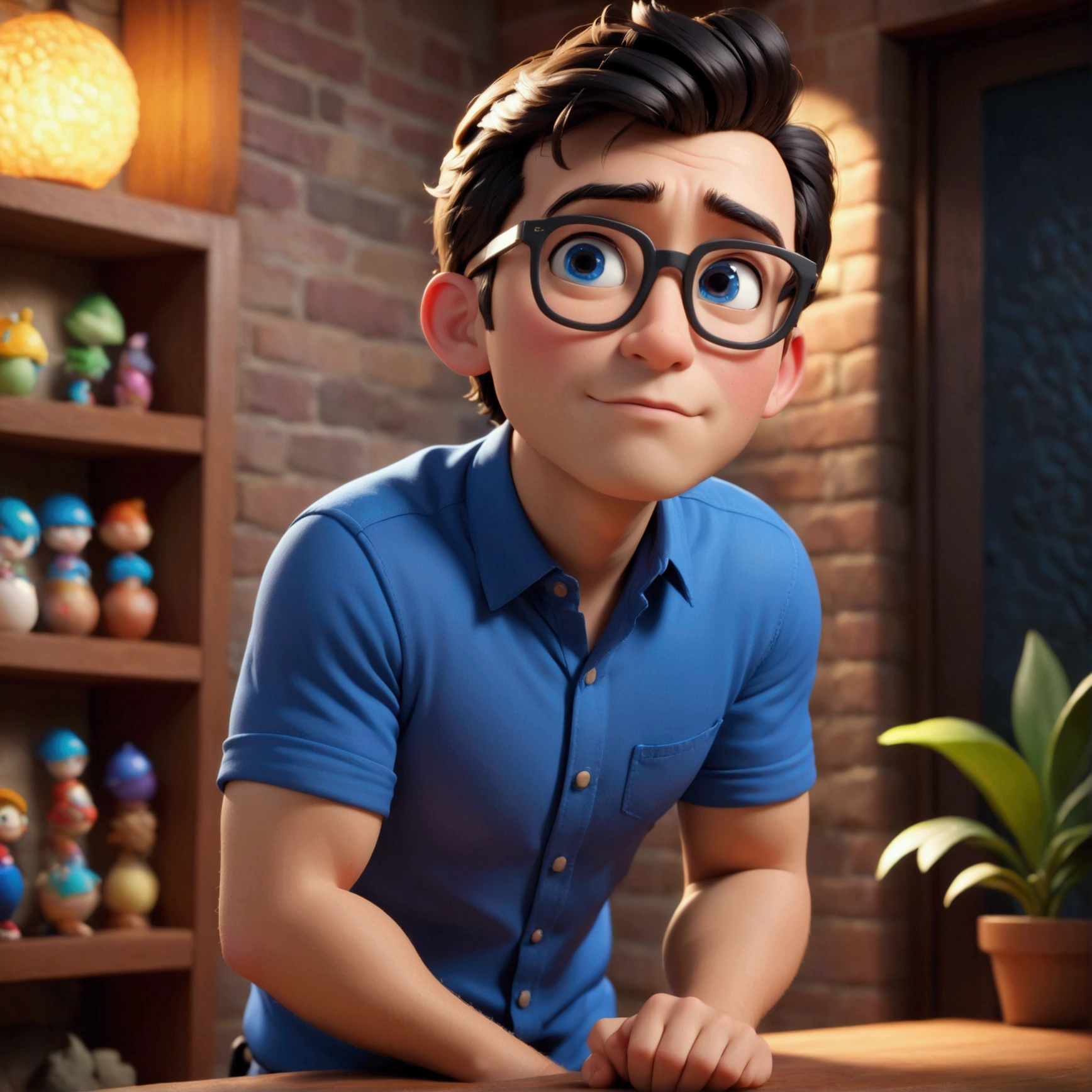 Cartoon character of a man wearing black glasses and a blue shirt, um personagem animado, Caractere estilizado, animation style rendering, 3D estilizado, Arnold Maya render, 3 d render stylized, toon render keyshot, Personagem 3D, Personagem 3D, 3d rendering stylized, 3 d character render, personagem de desenho animado, Personagem de close up, Pose de personagem, (Estilo Pixar) (master part:1.2) (Bokeh) (best quality) (pele detalhada) (textura detalhada) (8k) (argila) (Cinematic lighting) (foco nítido，Senta e vaza a parte superior do corpo.