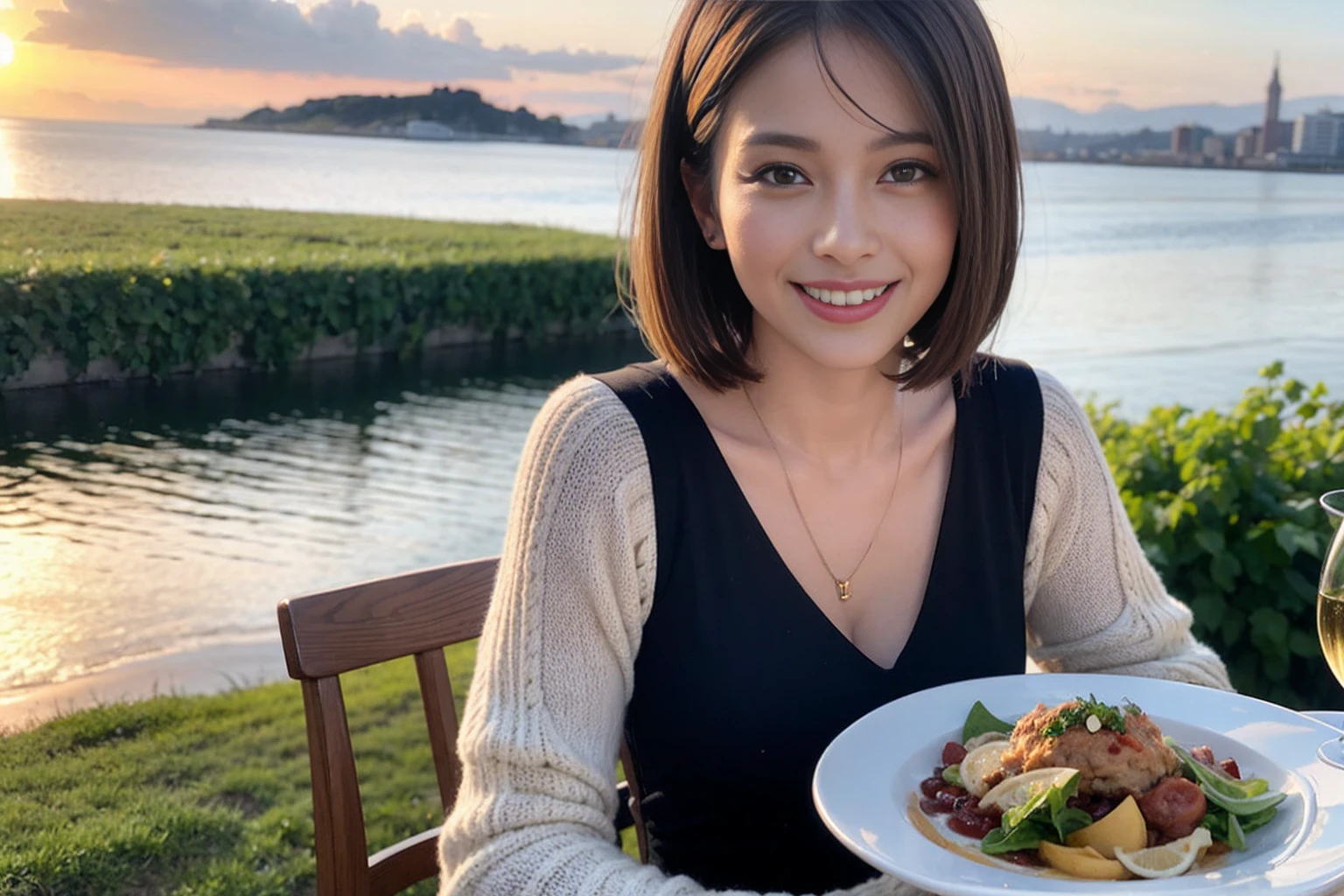（Realistic:1.1）,(masterpiece,Highest quality)，8k,(40 years old), 42 years old, slimカップル、Model Couple、Actress/Actor、Tight waist,Upper Body,full-course dinner、wine 、Amazing view of the sunset sky and clouds、Perfect Anatomy, Brown Hair, Short Hair,Random Hairstyles,((Highly detailed face and eyes:1.2))(cute顔:1.4)，Beautiful actress face，Perfect golden ratio face，Long sleeve shirt、dress,(smile:1.2)、Shortcuts、cute、(Realistic, Intricate details:1.2), A bright smile、short hair,Bright Face、赤wine 、Appetizers、Italian food、wine bottle、Champagne、スパークリングwine、(slimな顔), (The body is slim), (Brown Hair), (Shortcuts),  Upper Body, 白wine, slim, wineグラス, 