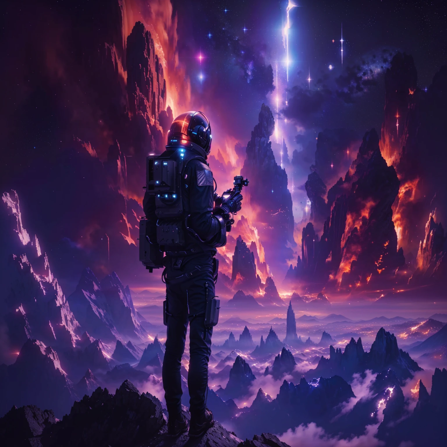 blurred image of a man standing on a mountain looking up at a space station, Greg Beeple, Very detailed 4k hd wallpaper, artem demura beetle, artgem and beep masterpiece, unknown space, 4 k wallpaper, 4 k wallpaper, arstation e beeple altamente, beautiful science fiction art, beep masterpiece