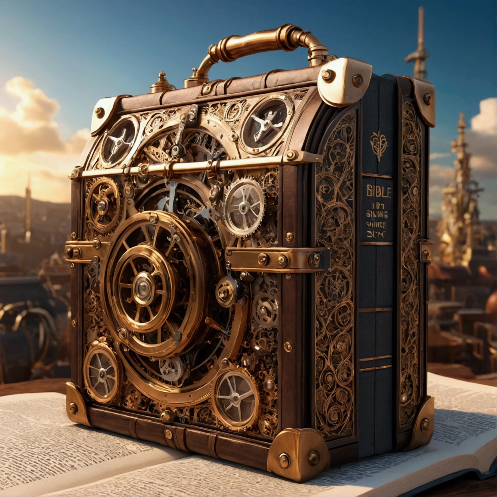 Cartoon split，The Bible shines in the sky，Steampunk Style，Ultra-fine，8k，A work of skillful mechanical depiction，OC Renderer，Ultra-photorealism