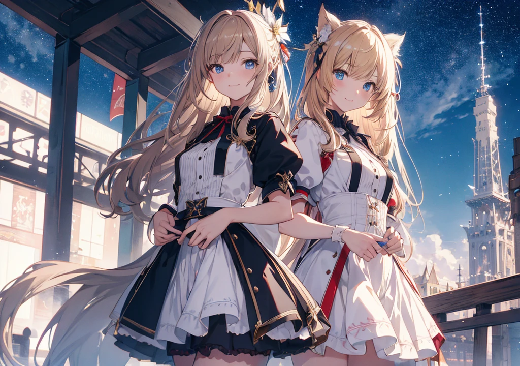 Realistic photos, Focus distance 10mm, Red and white, A big smile, Beautiful girl, Realistic photos, Focus distance 10mmで撮影, masterpiece, 最high quality, high quality, Very detailed CG 8k wallpaper unit, Award-winning photography, Depth of written boundary, High resolution, bloom, chromatic aberration, Realistic, Very detailed, Art Station Trends, CGsociety Trends, Complex, High detail, dramatic, Art on the go, volumetric lighting, Final Fantasy style beautiful girl、Blue Eyes、Blonde twin tailagical Girl Costumes、Starry sky and magical energy in the background