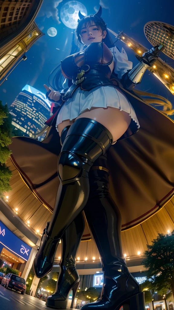 (((Fisheye Lens))),Full moon night、Medieval European town、((((A girl bigger than the city))))、(((Azur Lane Cheshire Cosplay)))Looking up from below,50 foot tall giant girl,Has super long legs,((Bend)),((A pair of huge breasts)),((Plump thighs))、high school student,mini skirt,Long black hair,Beautiful appearance,Exquisite makeup,quality,8k,High quality,(governor:1.5),Perfect Proportions, Cinema Lighting,Film Grain,The Colors of Fuji,8k,Textured skin,Super Detail,High detail,high quality,High resolution