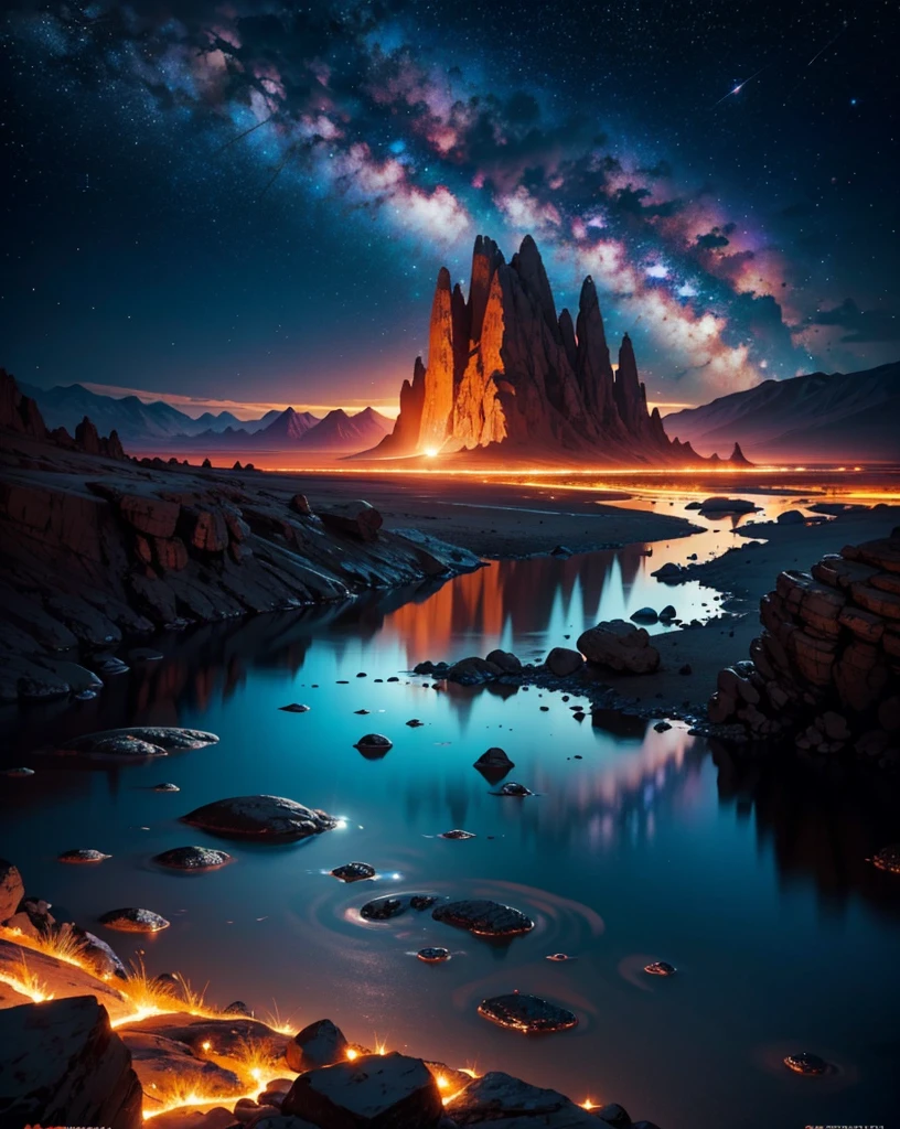 Create a painting of a panoramic landscape at night on Mars. The sky is full of bright stars and vibrantly colored nebulae, like blue, purples and pinks, that intertwine in a cosmic spectacle. on the horizon, mountains of strange shapes rise, with irregular peaks and a faint glow that reflects starlight. In the foreground, features rocks and stones of unusual colors, with textures that look like glass and shiny metals.
Adds a slowly flowing lava river, illuminating the landscape with an orange glow. Includes alien plants with luminous leaves and whimsical shapes, that contrast with the red and dusty soil of Mars. To give it a touch of fantasy, Features flying creatures with iridescent colored wings, that cross the starry sky. The environment should evoke a sense of wonder and mystery, transporting the viewer to an imaginary world