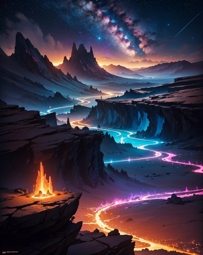 Create a painting of a panoramic landscape at night on Mars. The sky is full of bright stars and vibrantly colored nebulae, like blue, purples and pinks, that intertwine in a cosmic spectacle. on the horizon, mountains of strange shapes rise, with irregular peaks and a faint glow that reflects starlight. In the foreground, features rocks and stones of unusual colors, with textures that look like glass and shiny metals.

Adds a slowly flowing lava river, illuminating the landscape with an orange glow. Includes alien plants with luminous leaves and whimsical shapes, that contrast with the red and dusty soil of Mars. To give it a touch of fantasy, Features flying creatures with iridescent colored wings, that cross the starry sky. The environment should evoke a sense of wonder and mystery, transporting the viewer to an imaginary world