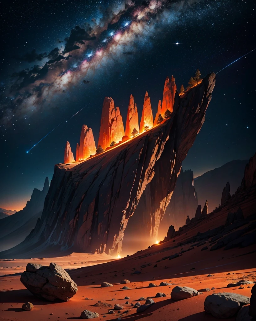 Create a painting of a panoramic landscape at night on Mars. The sky is full of bright stars and vibrantly colored nebulae, like blue, purples and pinks, that intertwine in a cosmic spectacle. on the horizon, mountains of strange shapes rise, with irregular peaks and a faint glow that reflects starlight. In the foreground, features rocks and stones of unusual colors, with textures that look like glass and shiny metals.
Adds a slowly flowing lava river, illuminating the landscape with an orange glow. Includes alien plants with luminous leaves and whimsical shapes, that contrast with the red and dusty soil of Mars. To give it a touch of fantasy, Features flying creatures with iridescent colored wings, that cross the starry sky. The environment should evoke a sense of wonder and mystery, transporting the viewer to an imaginary world