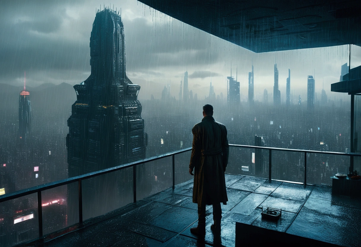 A realistic image of a futuristic city inspired by the movie "Blade Runner", with a man standing on the terrace of a skyscraper overlooking the city. It is raining and the scene has a 16:9 aspect ratio (please include the terrace roof)), seen from three-quarter behind