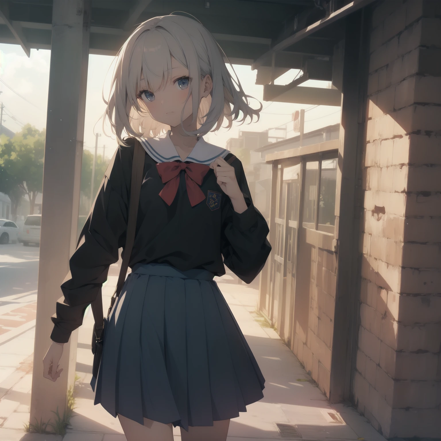 ultra-absurdres-Top quality by artist God, ultra-detailed, high resolution, anime moe artstyle, best anime 8k konachan wallpaper, pixiv contest winner, pool:2810, perfect anatomy,break, 1girl, (Please draw a girl walking sleepily to school alone. )break,(Solo,little female, 13-year-old:1.3),Full limbs, complete fingers,a junior high school student, (very short hair), short cut, flat chest, , small butt, small black eyes, beautiful detailed eyes, well-proportioned iris and pupils, expressive eyes, highres detailed hair, soft expression, salor school_uniform, sailor collar, serahuku, bow, pleated skirt,(Detailed Lighting), (Detailed background), in the School commute route. break,super detailed skin, Best cinematic lighting powered by famous artist, 8k,beauty illustration,photoshop_(medium),very aesthetic,break,((artist:yuuhagi_(amaretto-no-natsu) )), artist:clamp ,artist:carnelian ,artist:kantoku ,