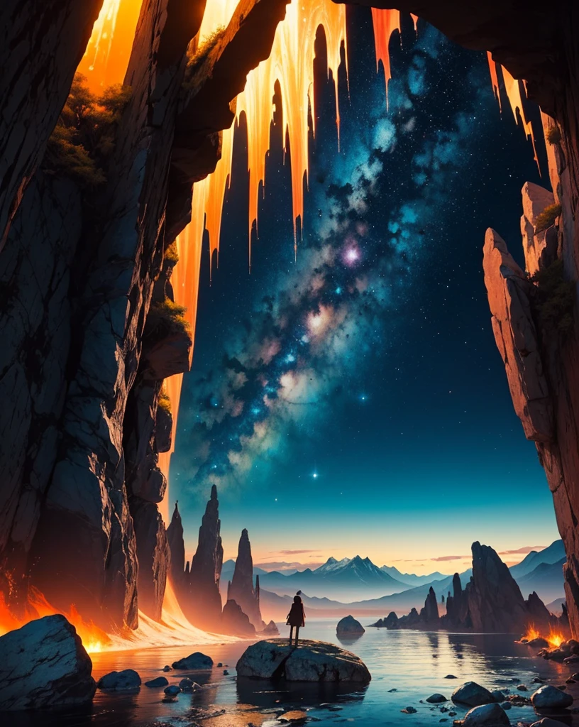 Create a painting of a panoramic landscape at night on Mars. The sky is full of bright stars and vibrantly colored nebulae, like blue, purples and pinks, that intertwine in a cosmic spectacle. on the horizon, mountains of strange shapes rise, with irregular peaks and a faint glow that reflects starlight. In the foreground, features rocks and stones of unusual colors, with textures that look like glass and shiny metals.
Adds a slowly flowing lava river, illuminating the landscape with an orange glow. Includes alien plants with luminous leaves and whimsical shapes, that contrast with the red and dusty soil of Mars. To give it a touch of fantasy, Features flying creatures with iridescent colored wings, that cross the starry sky. The environment should evoke a sense of wonder and mystery, transporting the viewer to an imaginary world