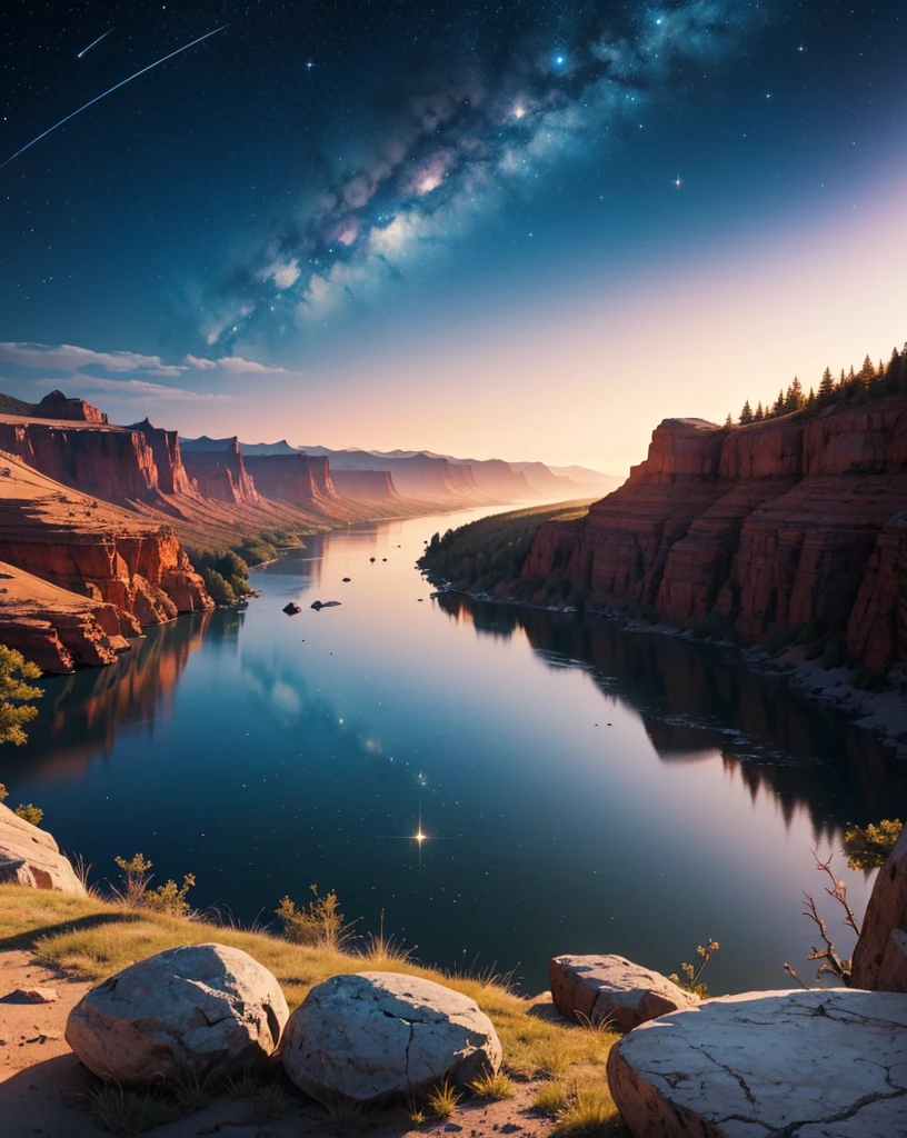 Create a painting of a panoramic landscape at night on Mars. The sky is full of bright stars and vibrantly colored nebulae, like blue, purples and pinks, that intertwine in a cosmic spectacle. on the horizon, mountains of strange shapes rise, with irregular peaks and a faint glow that reflects starlight. In the foreground, features rocks and stones of unusual colors, with textures that look like glass and shiny metals.
Adds a slowly flowing lava river, illuminating the landscape with an orange glow. Includes alien plants with luminous leaves and whimsical shapes, that contrast with the red and dusty soil of Mars. To give it a touch of fantasy, Features flying creatures with iridescent colored wings, that cross the starry sky. The environment should evoke a sense of wonder and mystery, transporting the viewer to an imaginary world