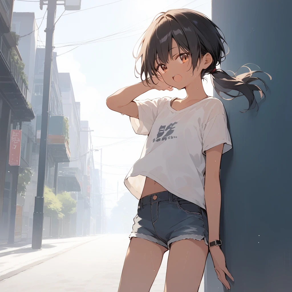 score_9, score_8_up, score_7_up, source_anime, best quality, masterpiece, official art, absurdres, highres, ultra-detailed,waifu2x,Collection: Slice of Life,break,1girl, tomboy, dark-skinned female, short hair, low ponytail, flat chest, beautiful detailed eyes, short shorts, sweat, open mouth, (yawn:0.3), sleepily, outdoors, wind,break,(clear line illustration:1.2), super detailed skin,very high resolution, very aesthetic, Best sexual lighting powered by famous artist, 8k,cute picture,beauty illustration,photoshop_(medium),,(Detailed Lighting),best anime 8k konachan wallpaper, pixiv contest winner,